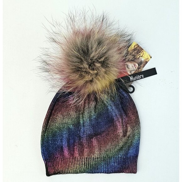 Maniere Girls Rainbow Genuine Fur POM POM Hat New - Picture 1 of 5